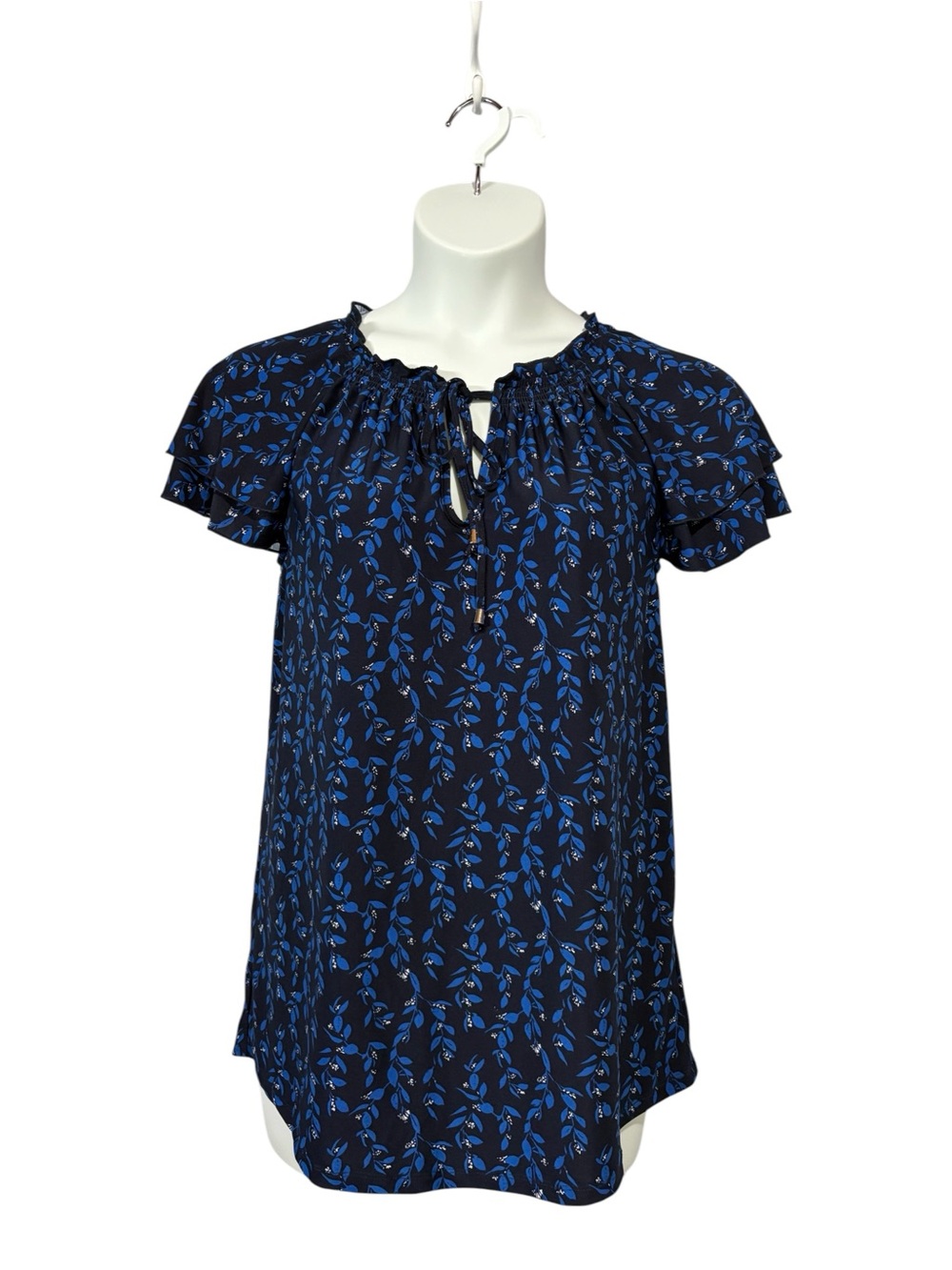 Lily Morgan, Navy Blue Leaf Print Ruffle Sleeve Stretch Blouse Tie Neck, Large - Picture 4 of 9